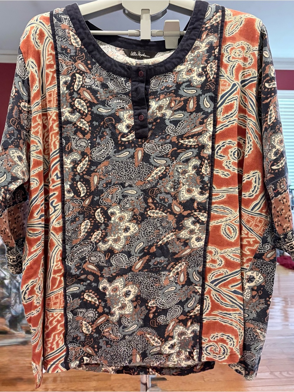 Ulla Popken Boho mixed paisley floral kimono Tunic top Henley 4X